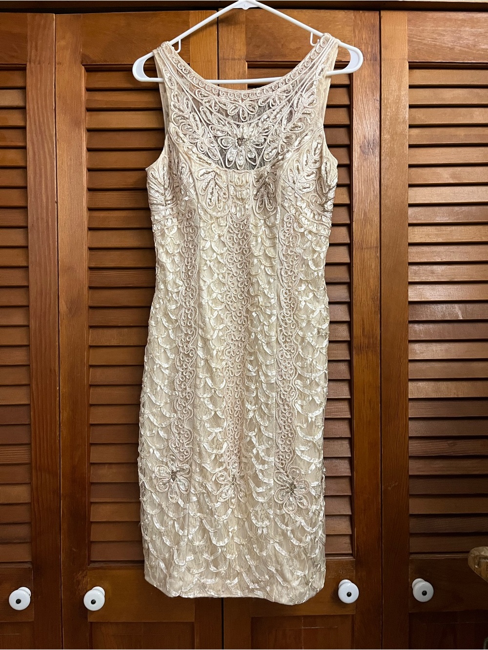 Sue Wong Cream Beaded Lace Midi Dress